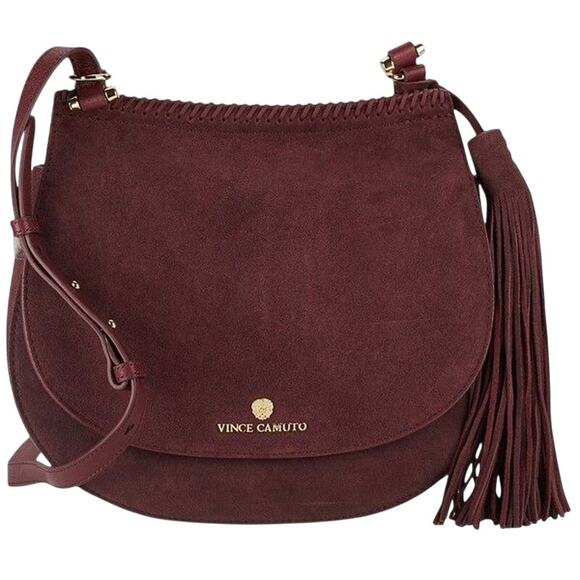 Vince Camuto Deep Eggplant Purple Suede & Leather Saddle Bag, Fringe Tassel NWOT